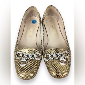 Claudia Ciuti Gold Snake Print Leather Loafers Preppy Metallic